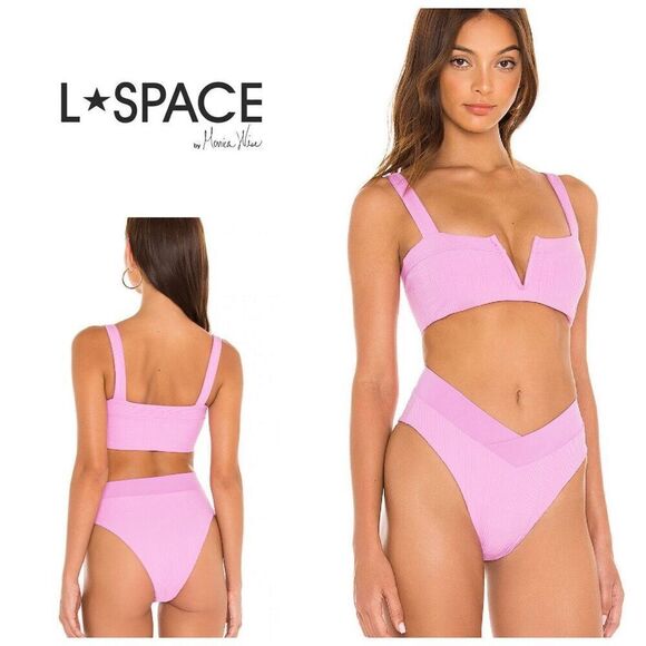 New. L*SPACE ribbed pink bitsy bikini. M-top/L-bottom. Retails $213 - Picture 1 of 8